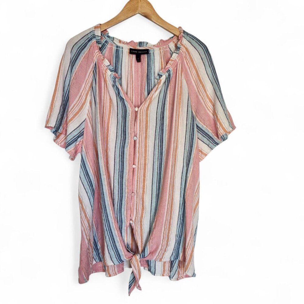 Lane Bryant Linen Top Striped Tie Front Blouse Size 20‎ Colorful Lightweight